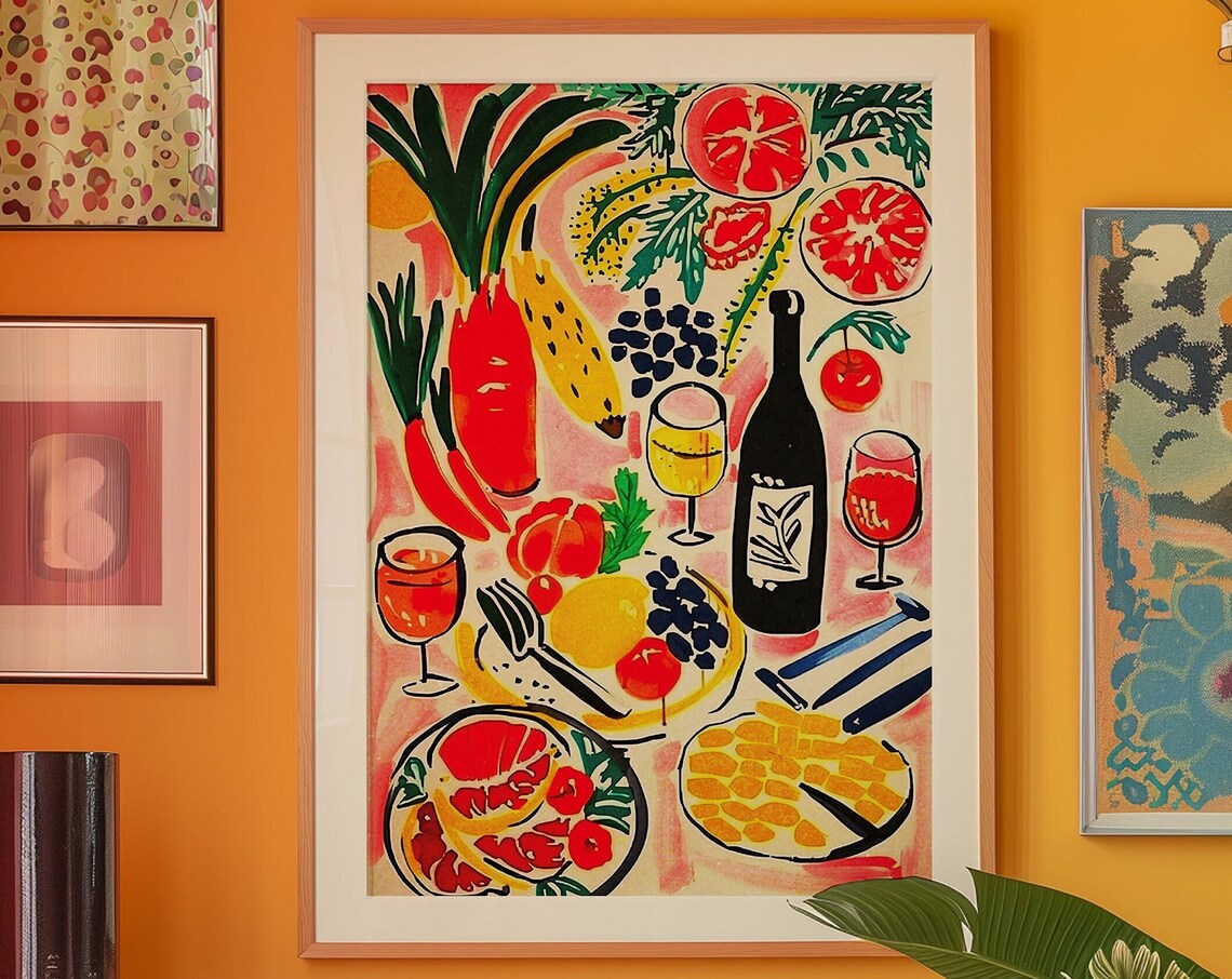 Colorful Mediterranean Feast Poster Retro Food Still Life Kitchen Art