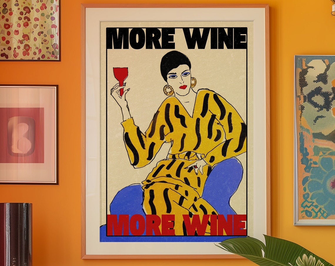 More Wine Retro Illustration Woman Wine Glass Kitchen Poster