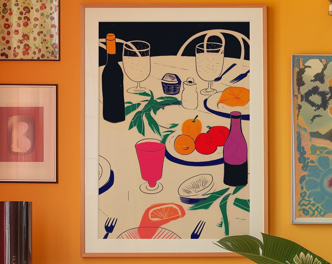 Retro 70s Line Art Dinner Table With Wine and Fresh Fruit Poster