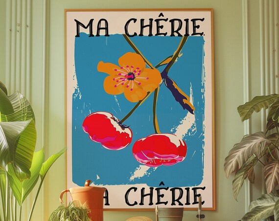 Ma Cherie Red Cherries Retro French Pop Art Style Kitchen Poster