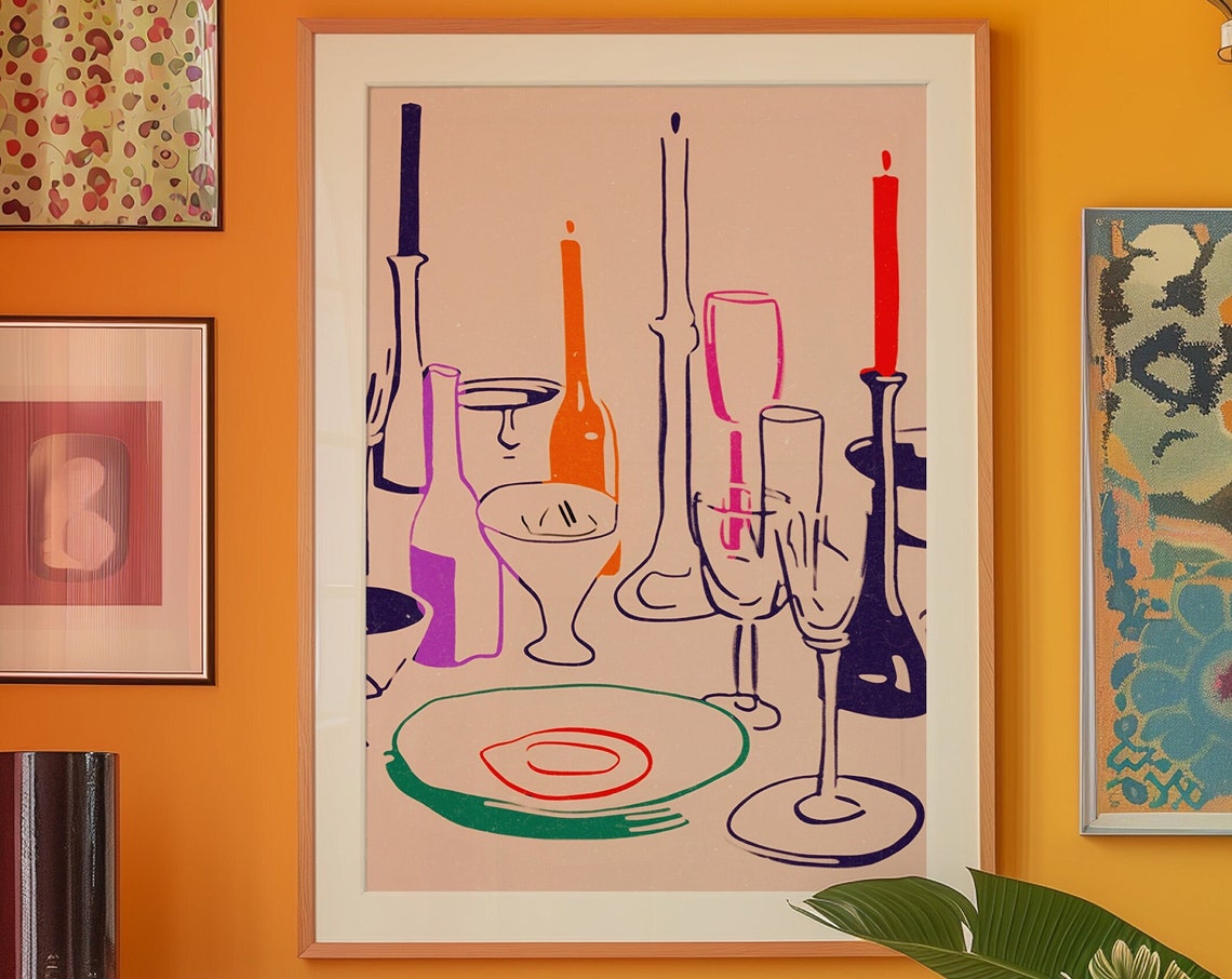 Retro 70s Dinner Table Candles Wine Glasses Line Art Dining Poster