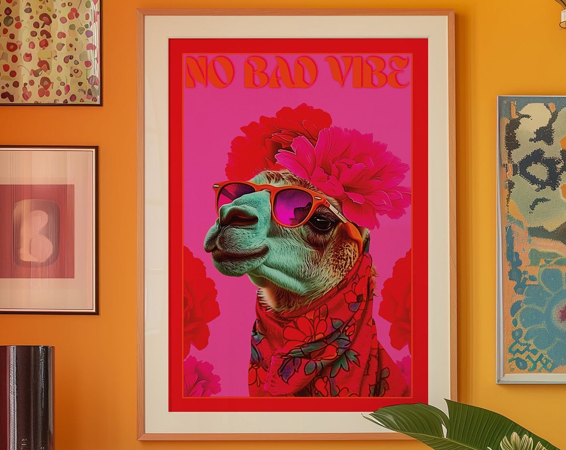 No Bad Vibe Camel With Sunglasses Retro Psychedelic Animal Poster