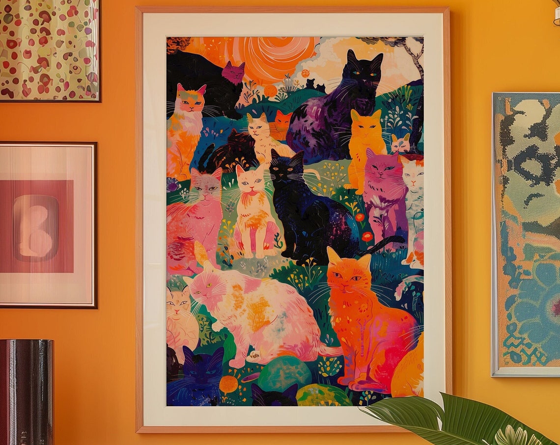 Colorful Maximalist Cats Garden Psychedelic Animal Portrait Wall Art