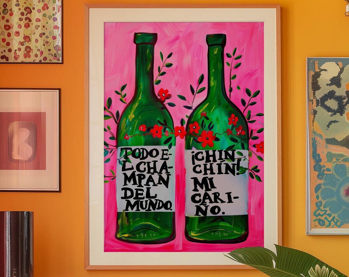 Pink Wine Bottles Spanish Toast Retro Maximalist Kitchen Wall Art