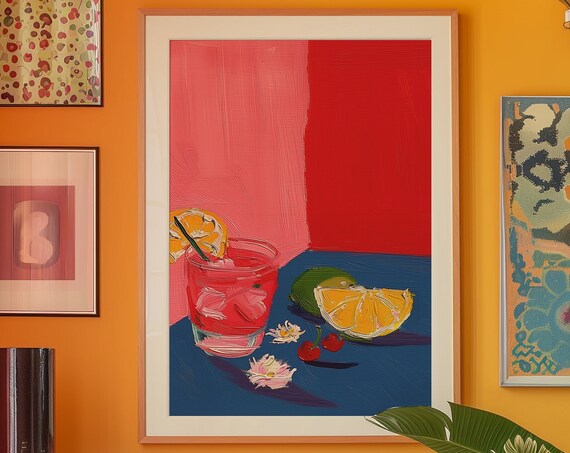 Red Cocktail Bar Poster Bold Modern Drink Still Life Kitchen Decor Art