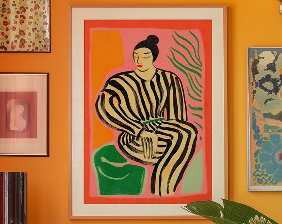 70s Retro Striped Dress Woman Fashion Illustration Art Poster