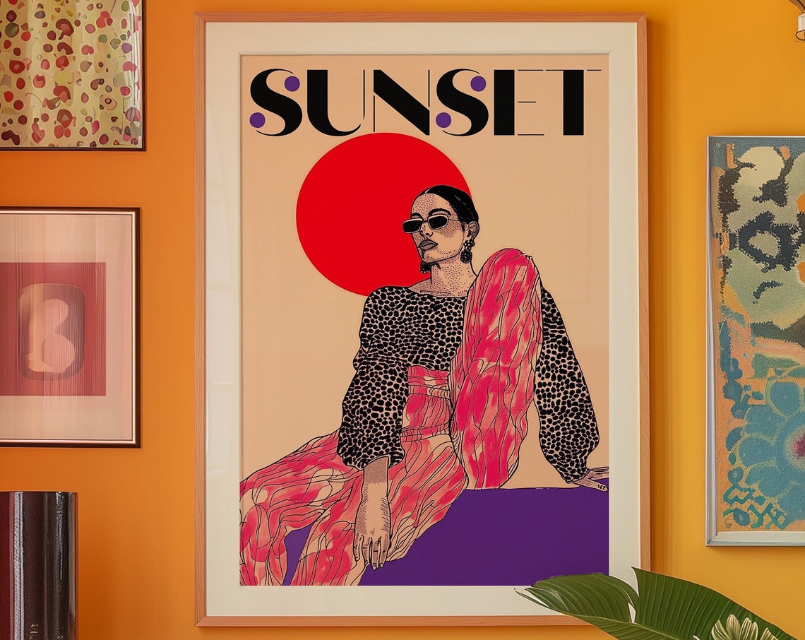 Sunset Fashion Illustration Print Retro Red Wall Art