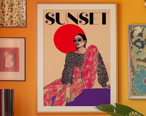 Sunset Fashion Illustration Print Retro Red Wall Art