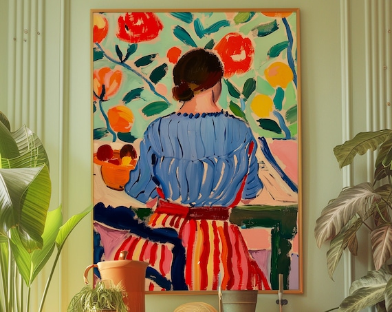 Matisse Style Woman in Blue Dress Fauvist Floral Art Scene Poster