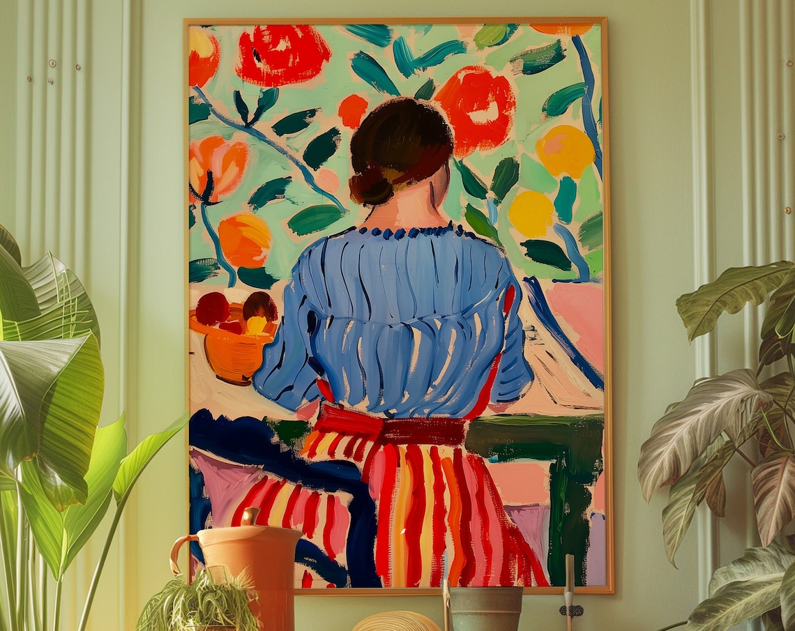 Matisse Style Woman in Blue Dress Fauvist Floral Art Scene Poster
