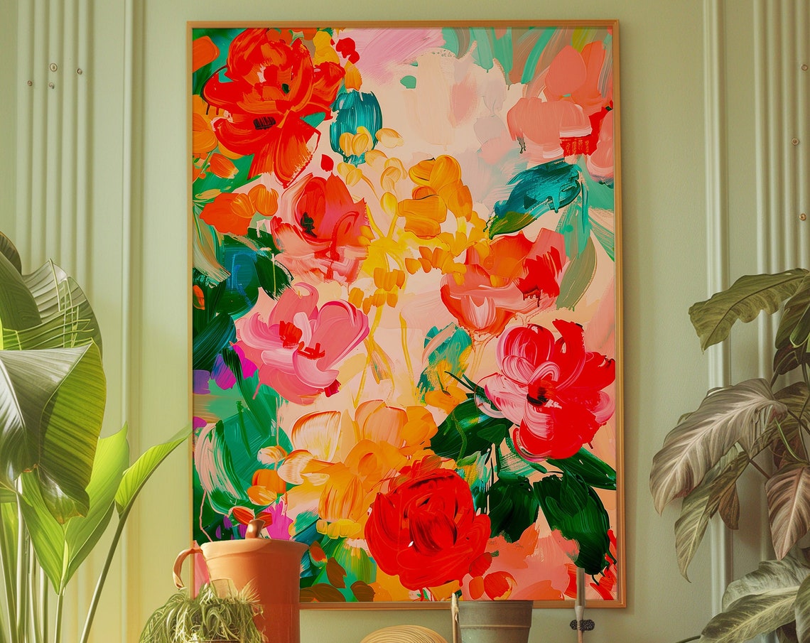 70s Retro Red Poppy Flowers Kitsch Colorful Abstract Floral Poster