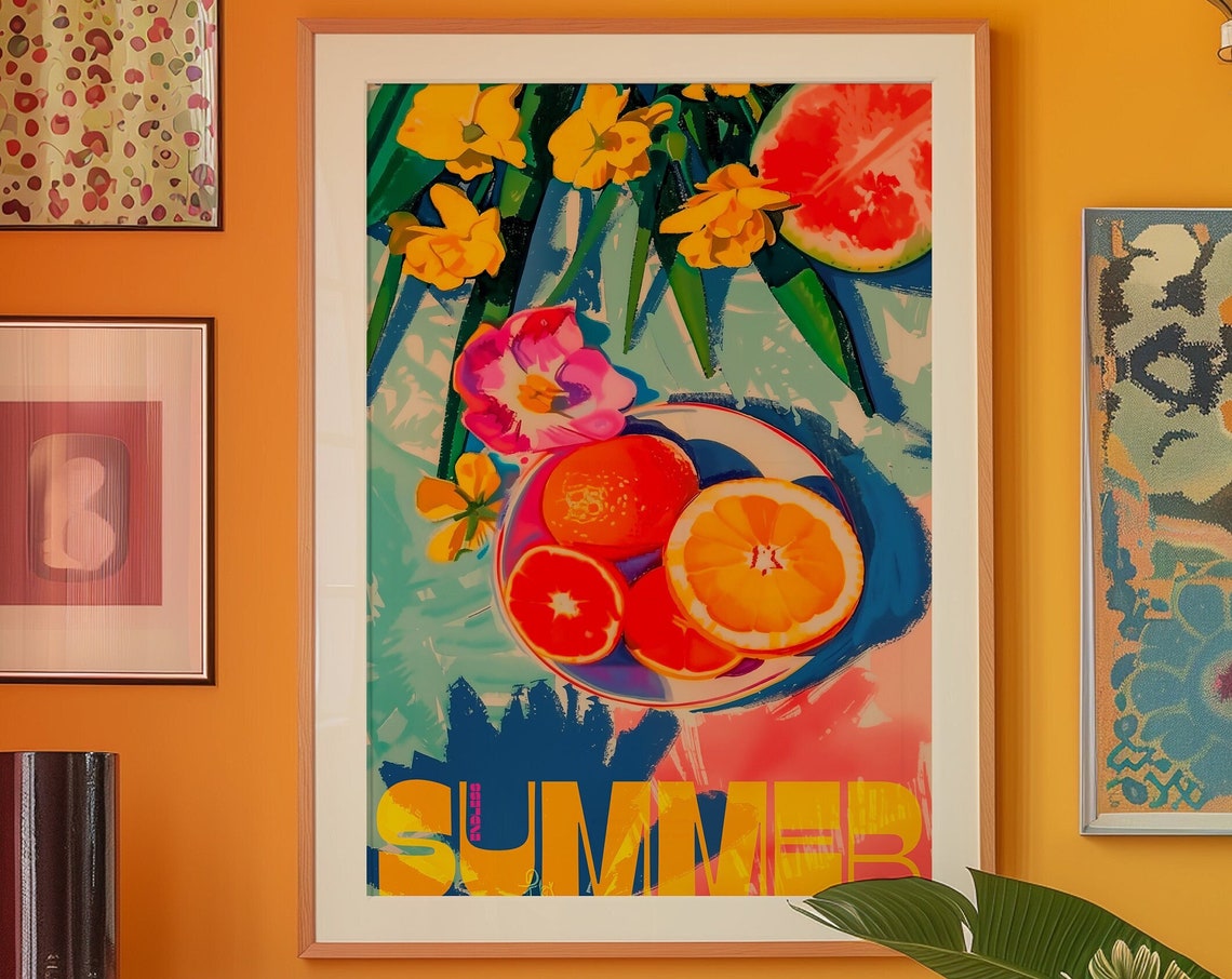 Summer Fruit Bowl Oranges And Flowers Bold Maximalist Wall Poster