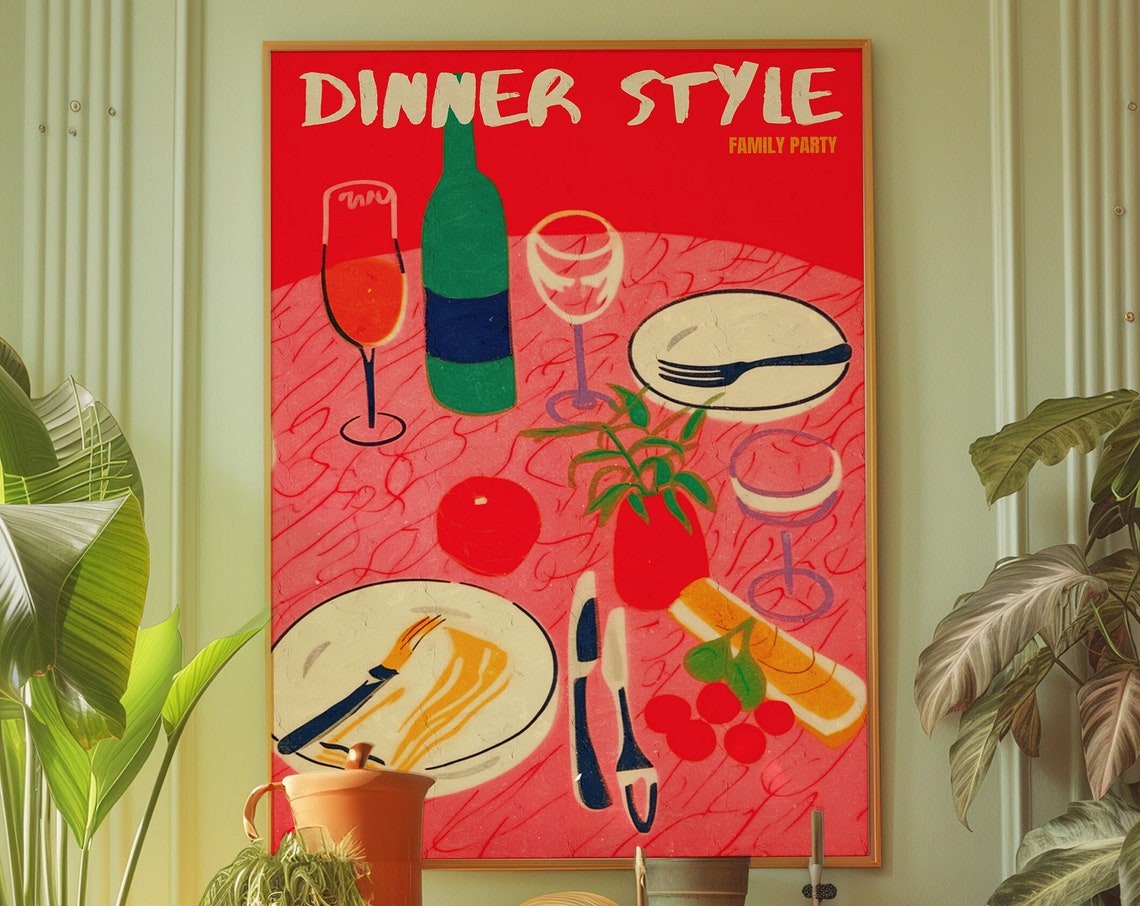 Dinner Style Family Party Red Table Spread Retro Kitchen Art Poster