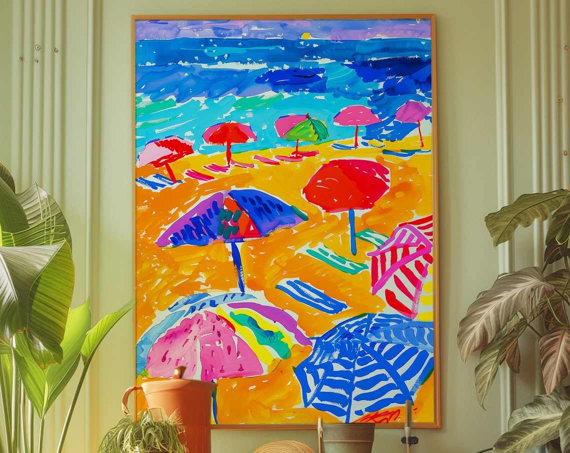Colorful Beach Umbrellas Summer Poster, Vibrant Coastal Ocean Art