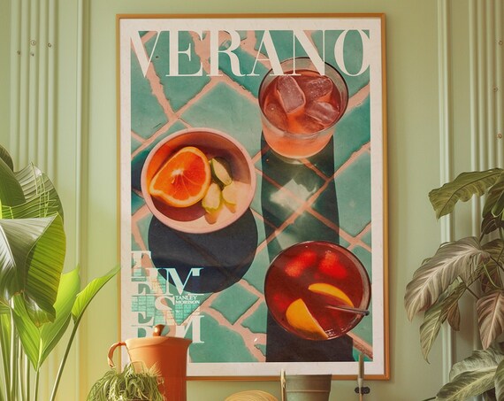 Verano Summer Cocktail Poster With Iced Drinks on Teal Tile Retro