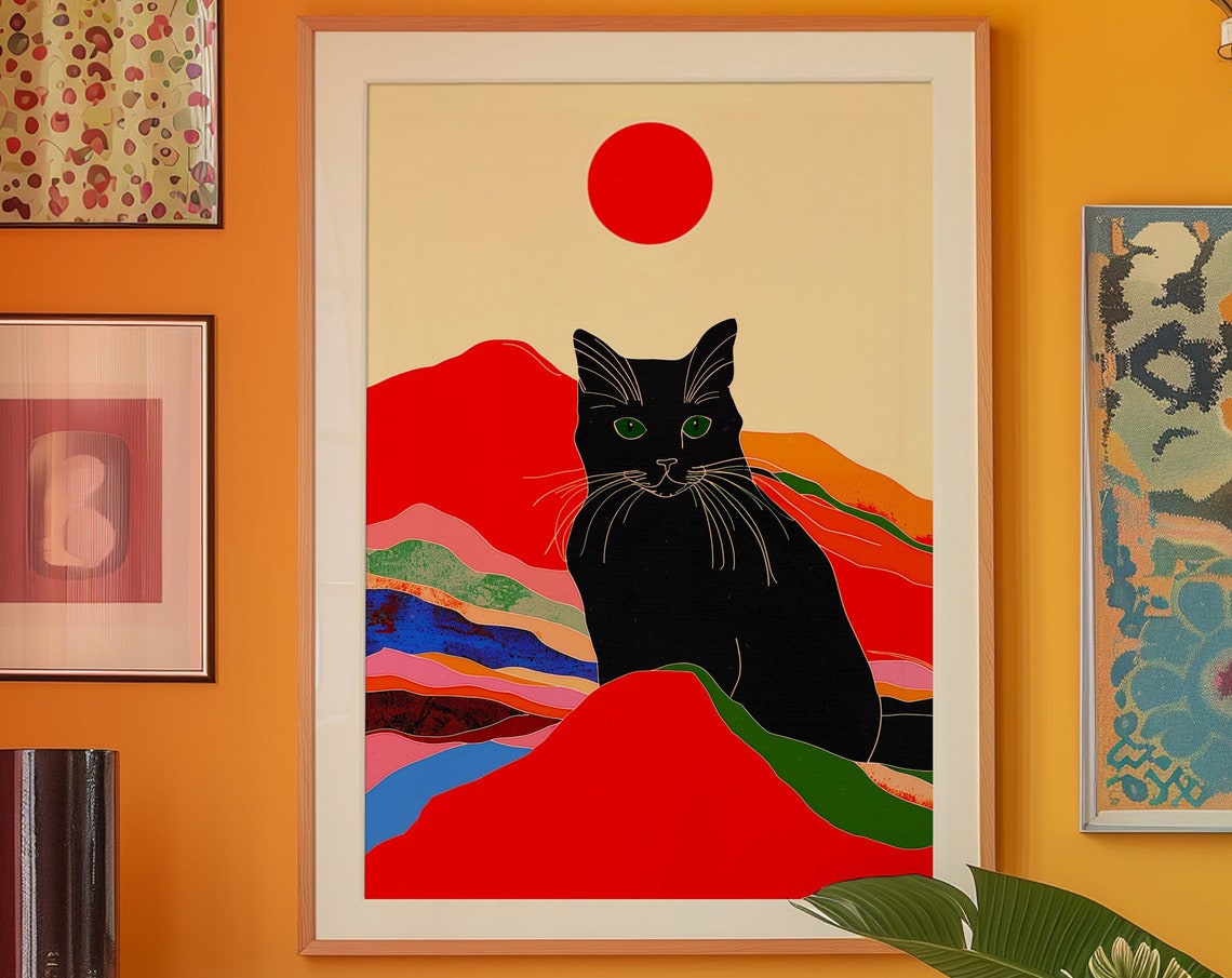Black Cat Red Sun Colorful Mountain Landscape Art Wall Poster