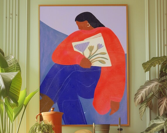 Woman in Red Sweater Holding Flowers Bold Modern Color Art Poster
