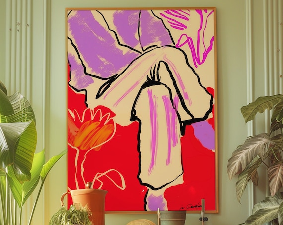 Red Line Art Woman Poster, 70s Psychedelic Retro