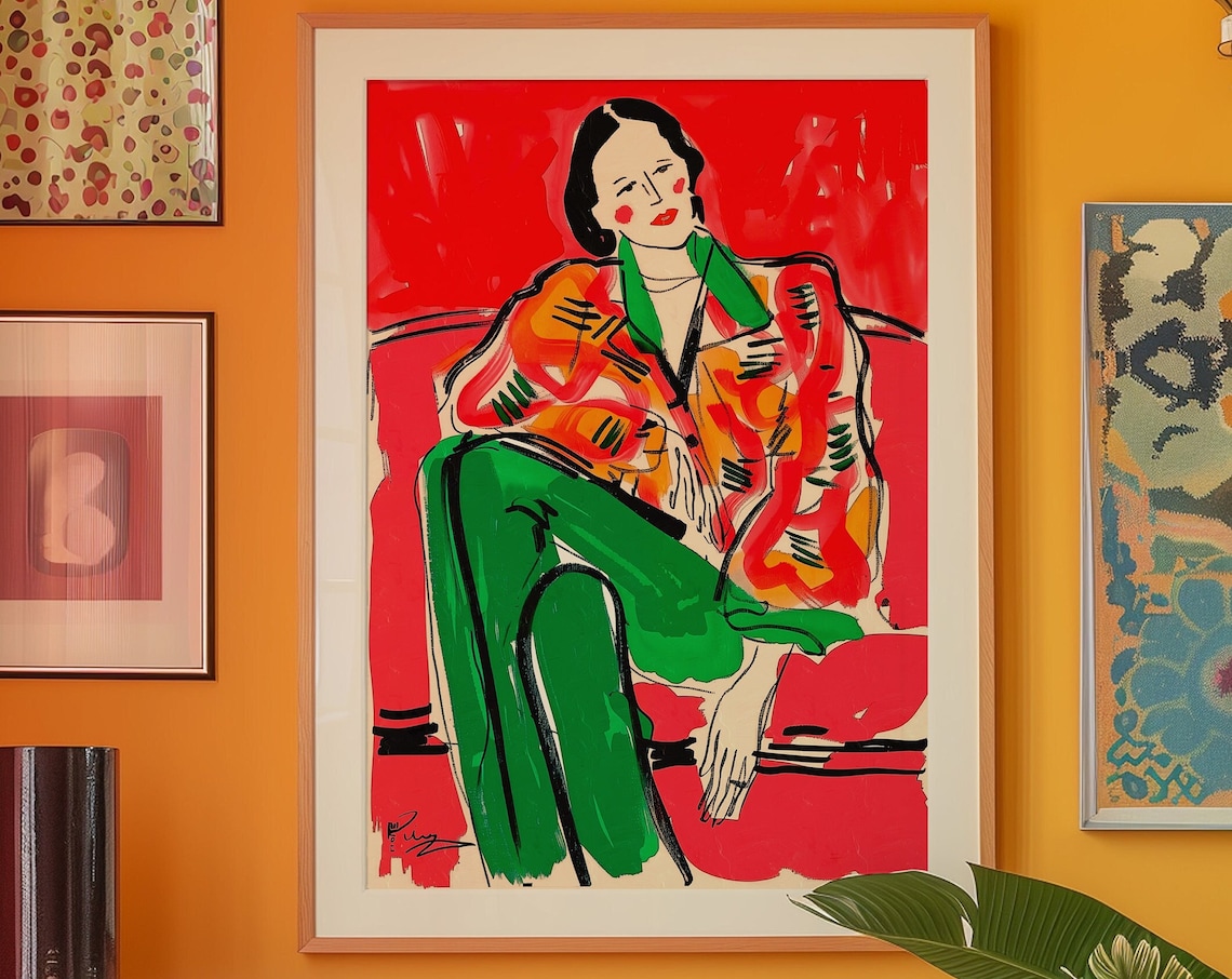 Red Green Fashion Woman Portrait Poster, Bold Eclectic Maximalist Art