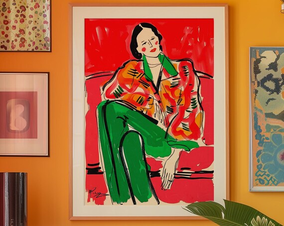 Trendy Woman Art Print Eclectic Red Maximalist Wall Decor