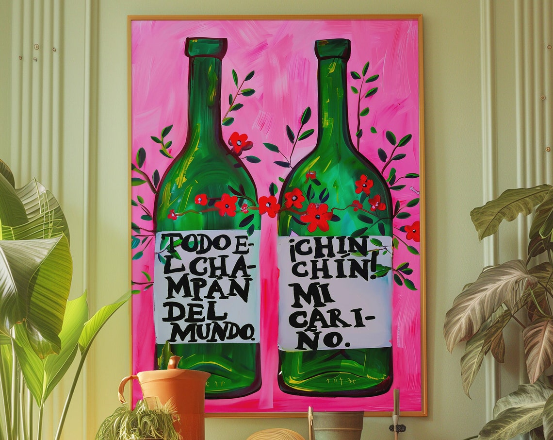 Spanish Wine Bottle Cheer Pink Kitchen Bar Decor Folk Art Print