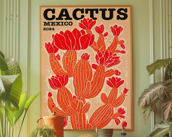 Cactus Flower Retro Trippy Art Print