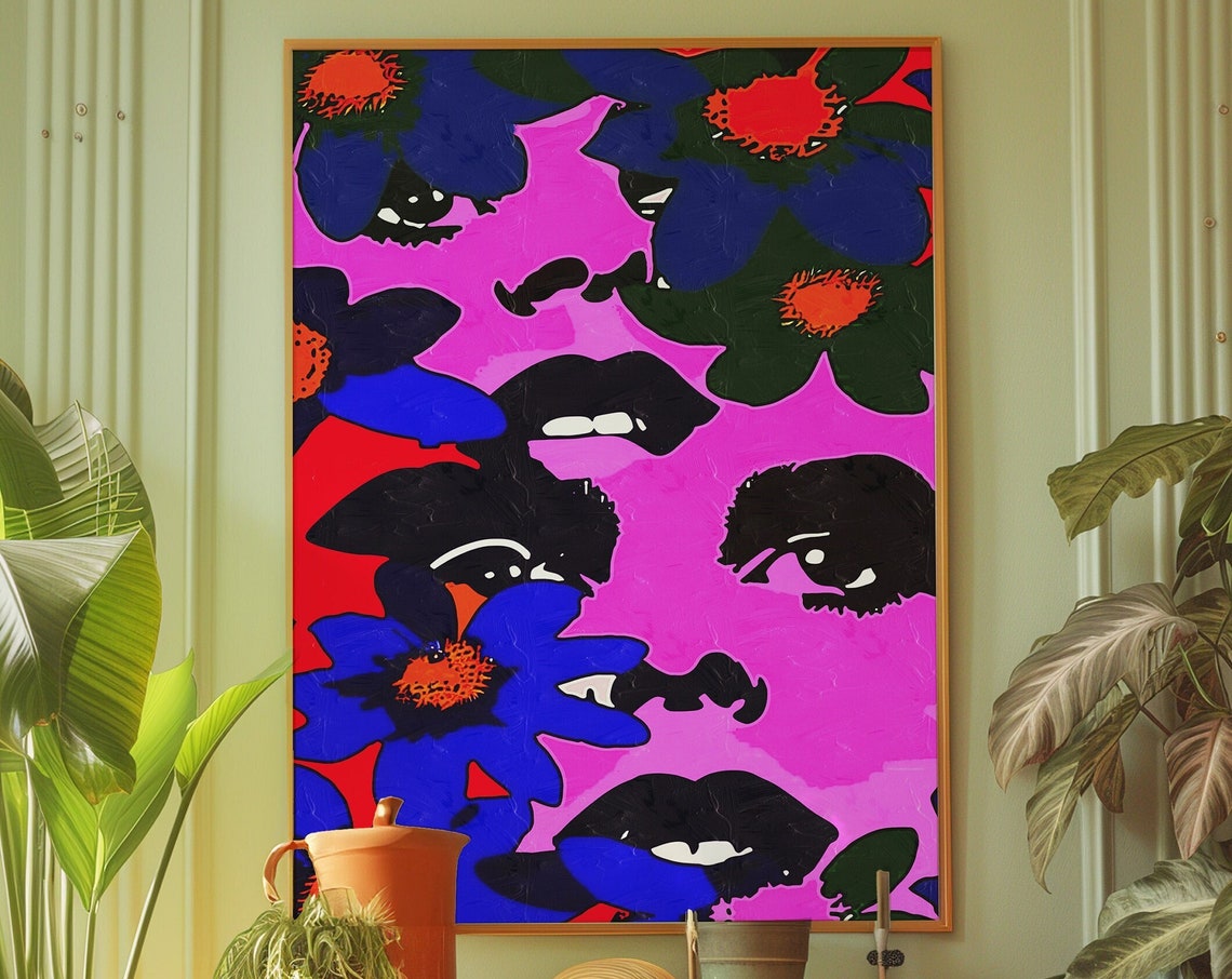 Psychedelic Floral Face Pop Art Pink Blue Modern Decor Poster