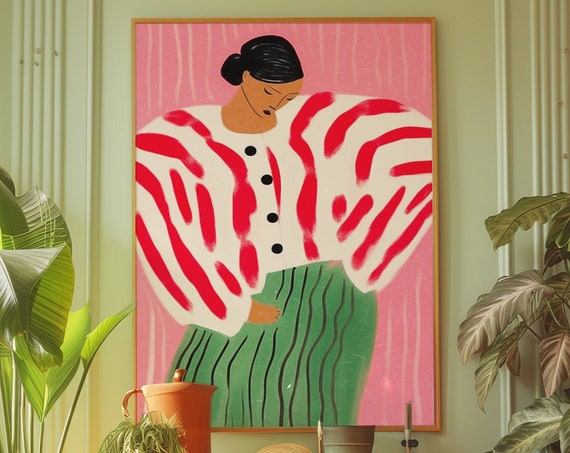 Red Line Art Woman, 70s Retro Art Print