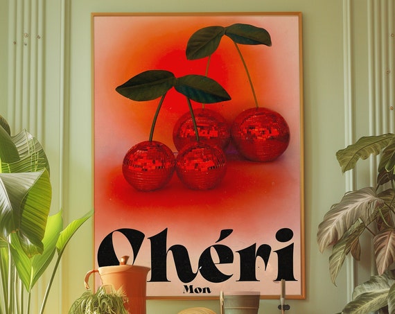 Mon Cheri Cherry Poster Retro Psychedelic Kitchen Wall Art