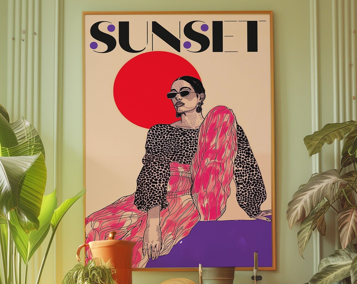 Sunset 70s Psychedelic Woman Red Sun Retro Dopamine Wall Poster