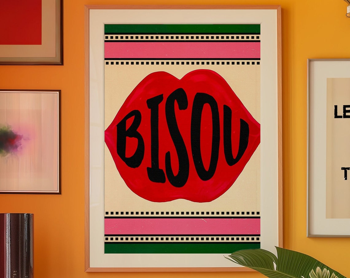 Bisou French Red Lips Typography Poster with Retro Striped Border