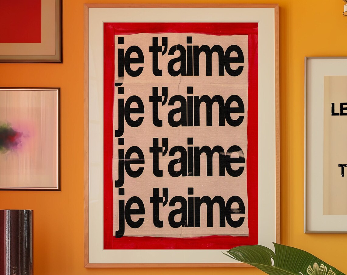 Je Taime Repeated French Typography Red Vintage Eclectic Art Print