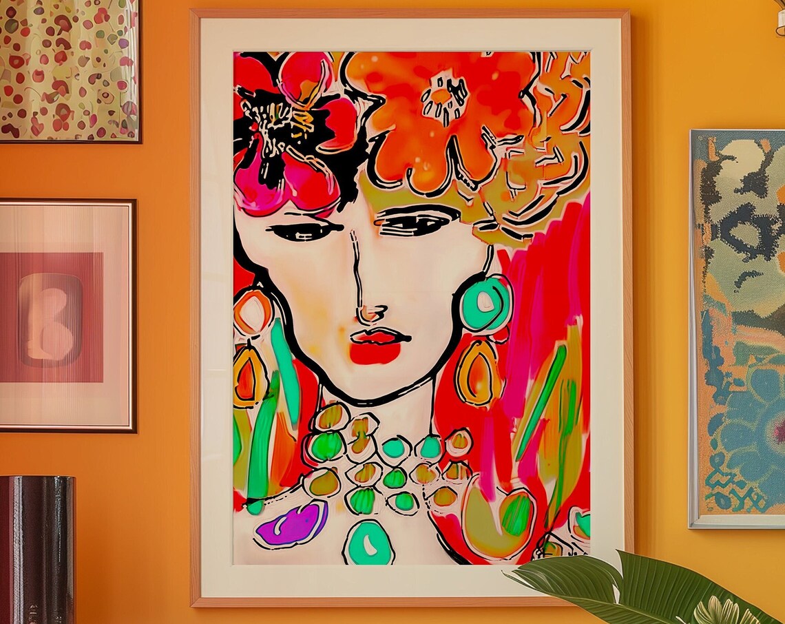 Eclectic Woman Portrait Print Psychedelic Maximalist Wall Art