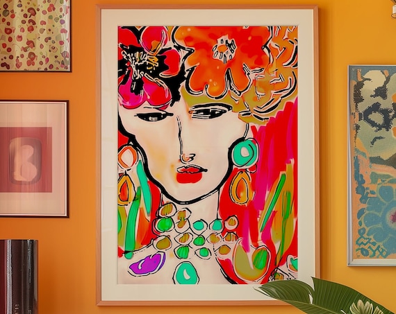 Eclectic Psychedelic Woman Portrait Maximalist Floral Art Print