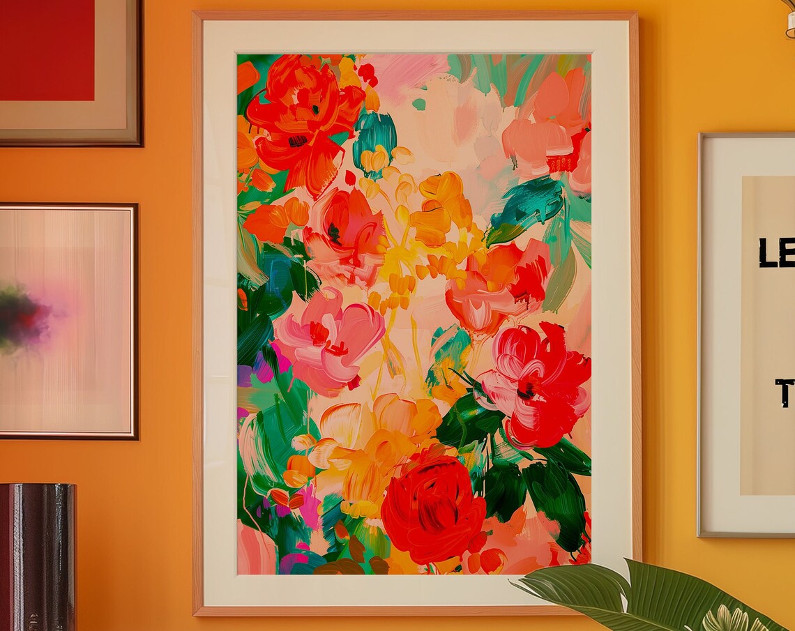 Colorful Floral Bouquet Wall Poster, Abstract Retro Kitsch Flower Art