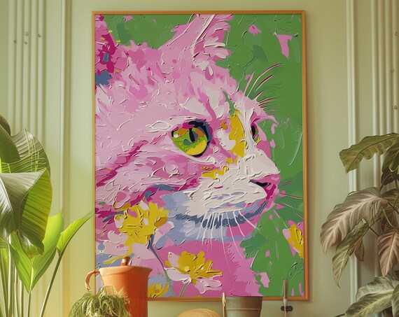 Pink Cat Portrait Poster Colorful Pop Art Feline Painting Decor