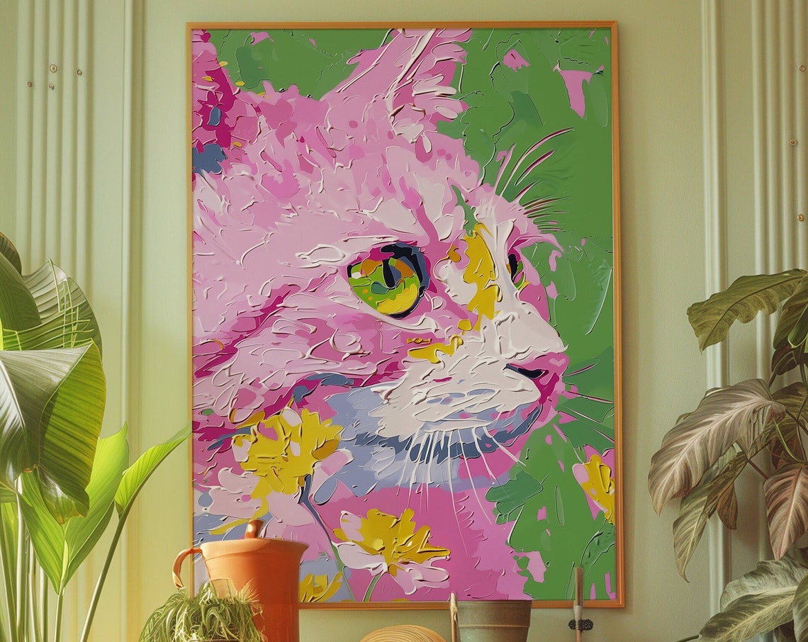 Pink Cat Portrait Poster Colorful Pop Art Feline Painting Decor