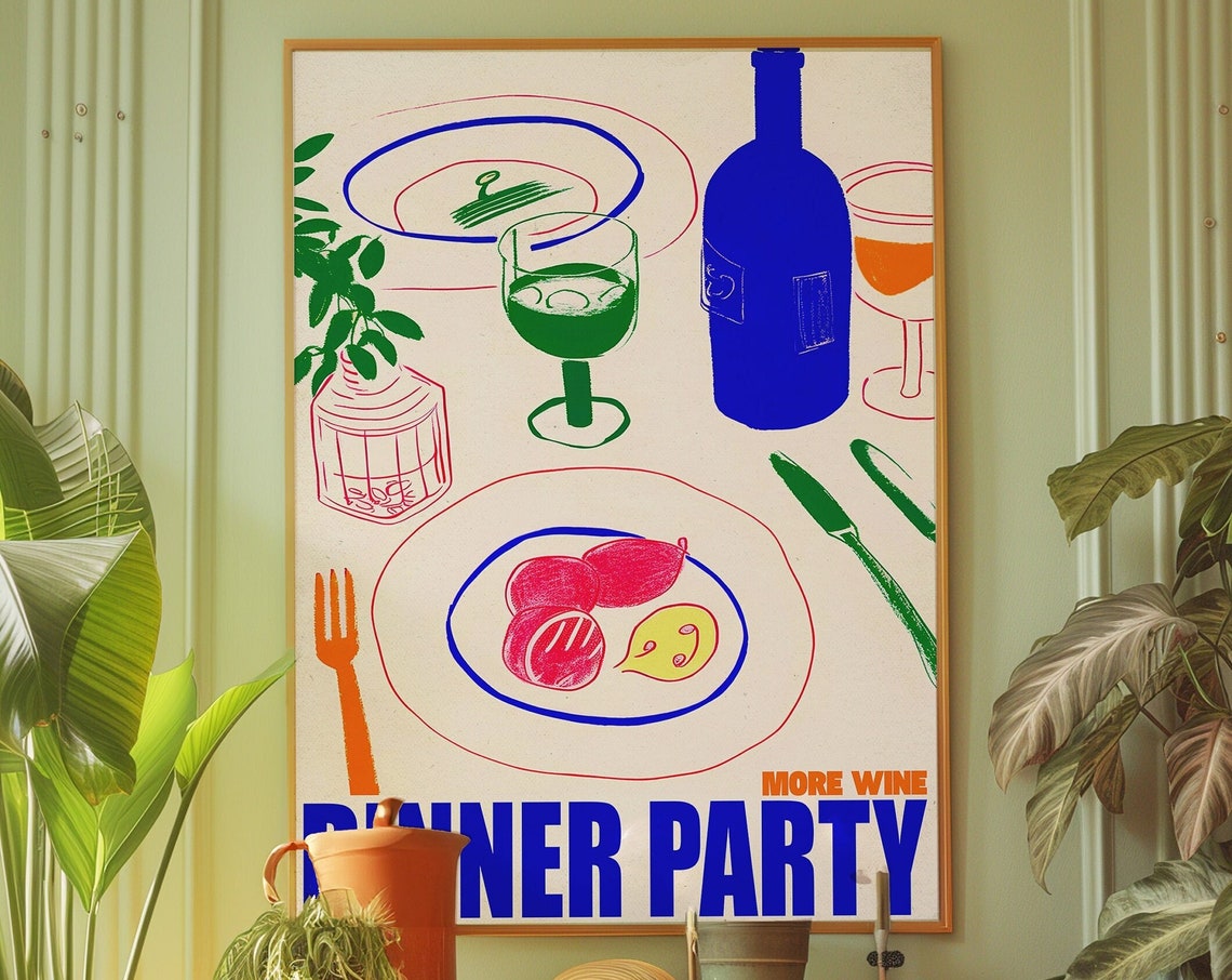 More Wine Dinner Party Colorful Table Line Art Kitchen Dining Poster