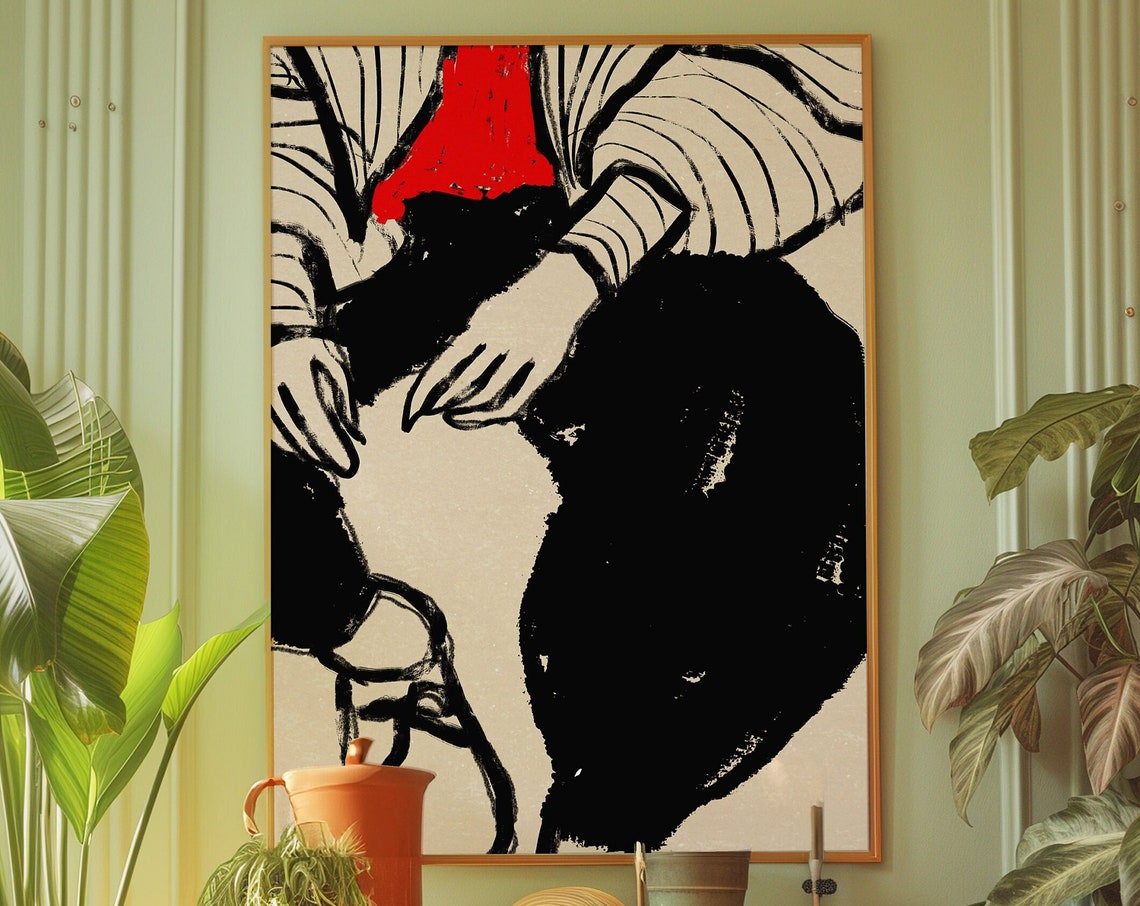 Retro 70s Abstract Expressionist Ink Sketch Bold Red Black Art Poster
