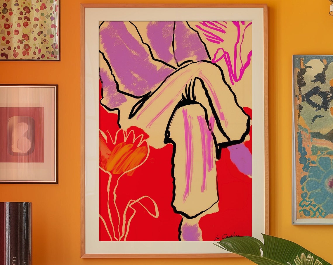 Bold Red And Purple Abstract Floral Line Art Dopamine Wall Poster