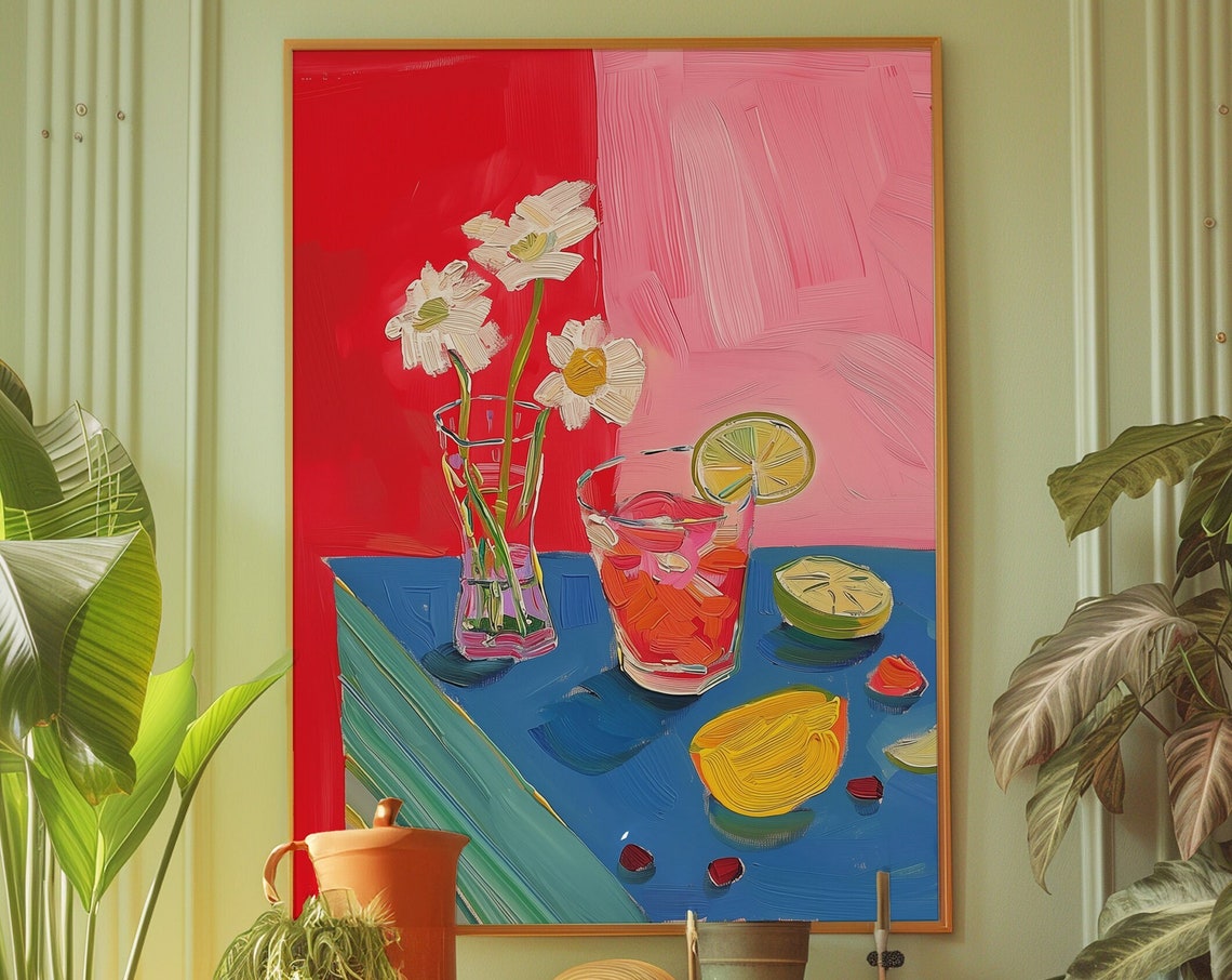 Red Cocktail Still Life Print With Daisies in Bold Pop Art Style