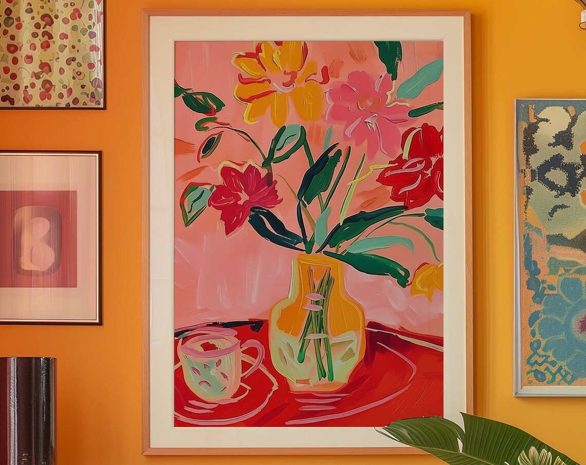 Retro Red Floral Still Life Poster with Painted Vase and Teacup