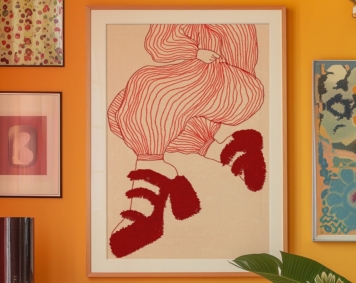 Red Line Art Woman Shoes Poster, 70s Style