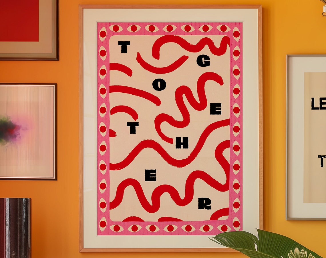 TOGETHER Red Squiggle Typography Playful Eclectic Quote Art Print