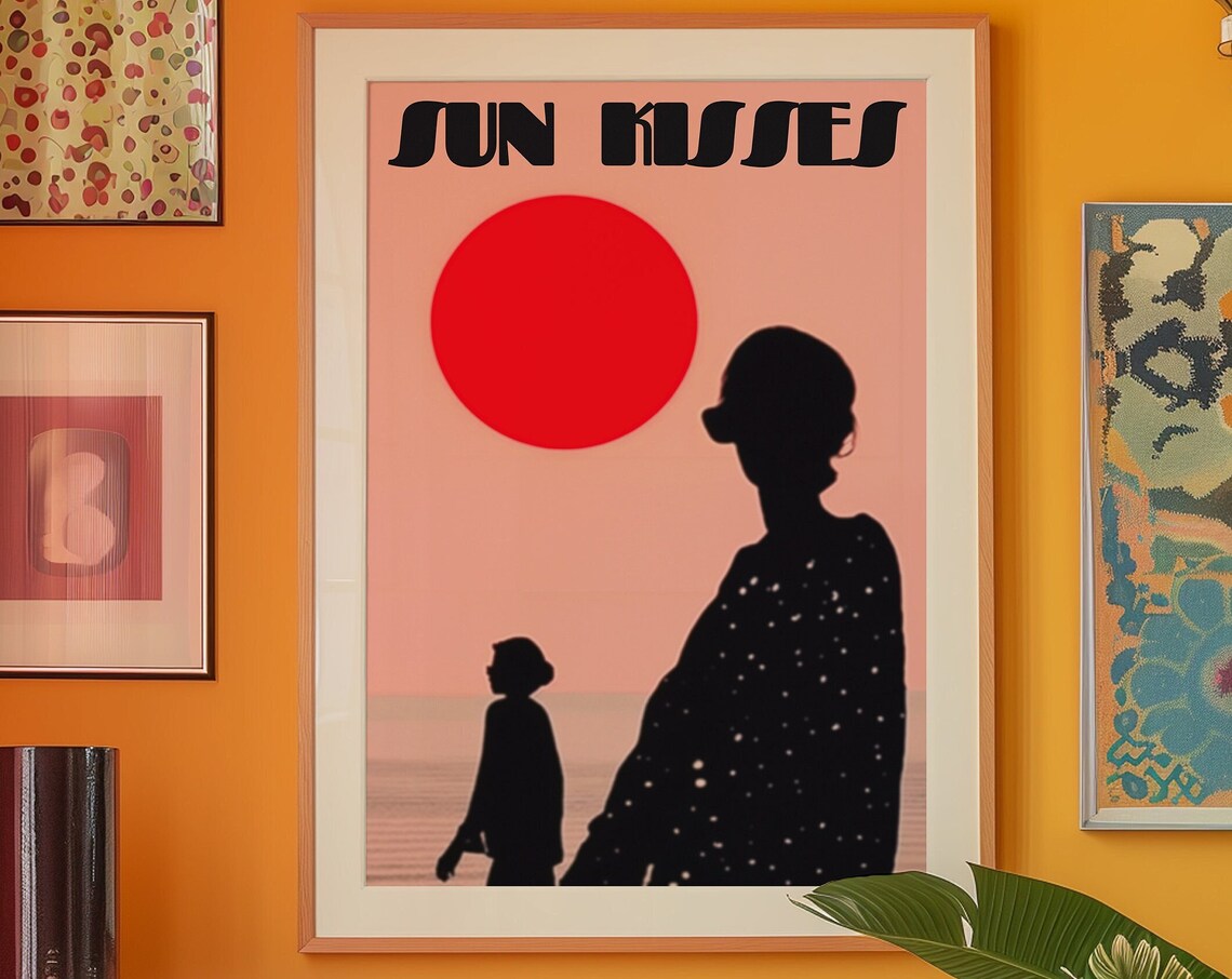 Sun Kisses Red Sun Beach Silhouette 70s Retro Summer Art Poster
