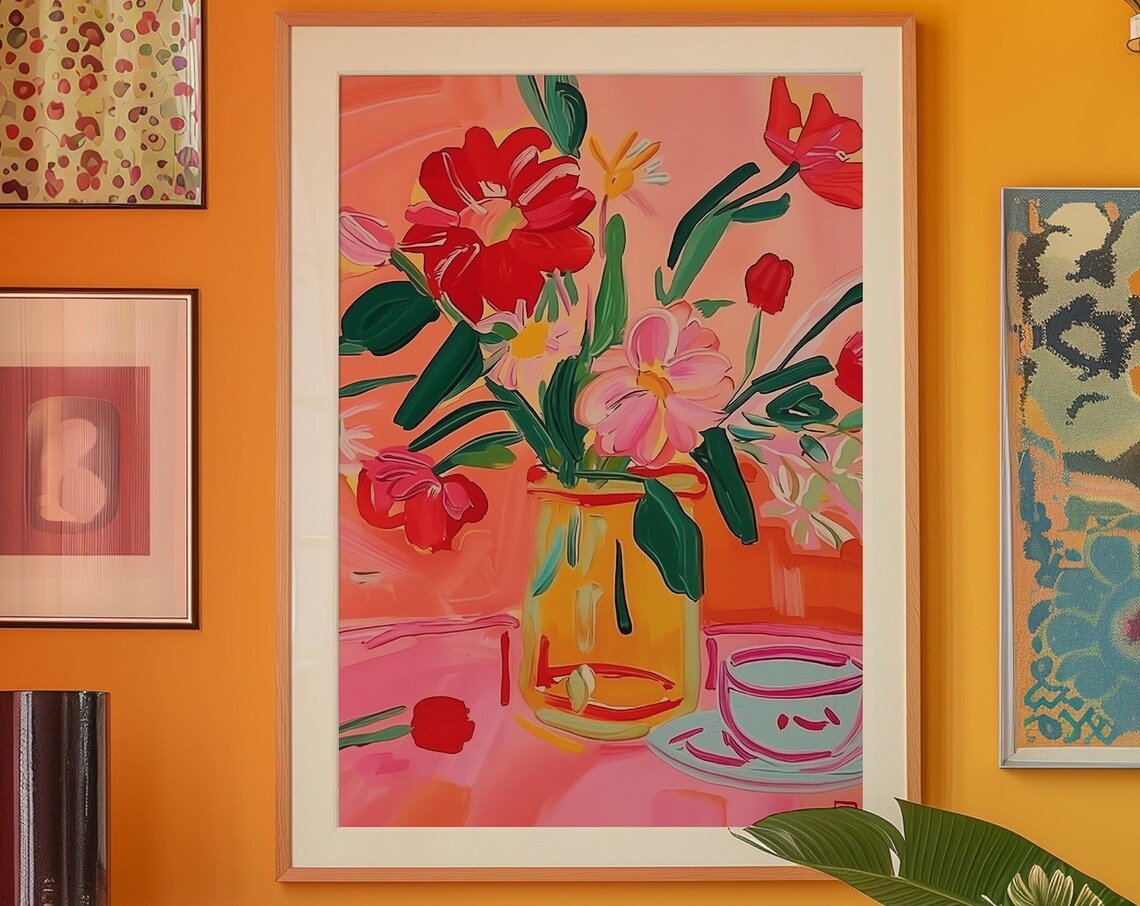 Red Flower Oil Painting Print, Retro Kitsch Art