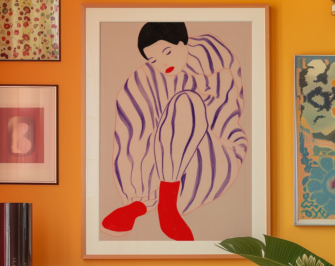 Line Art Poster, 70s Retro Red Wall Decor