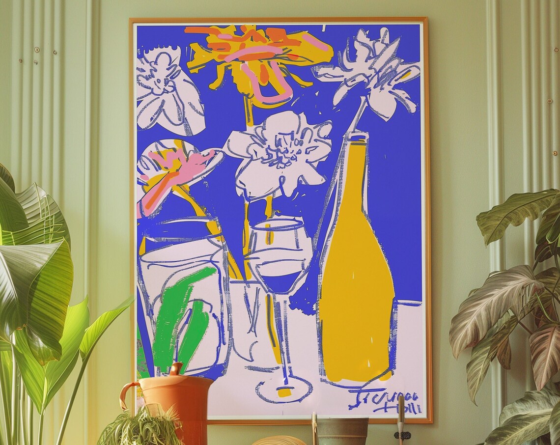 Vibrant Cobalt Still Life Poster with Flowers Wine Glass and Bottle