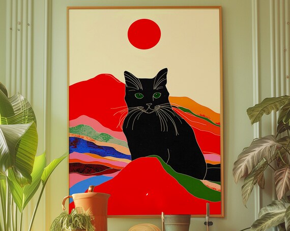 Black Cat with Green Eyes Psychedelic Red Sun Art Scene Poster