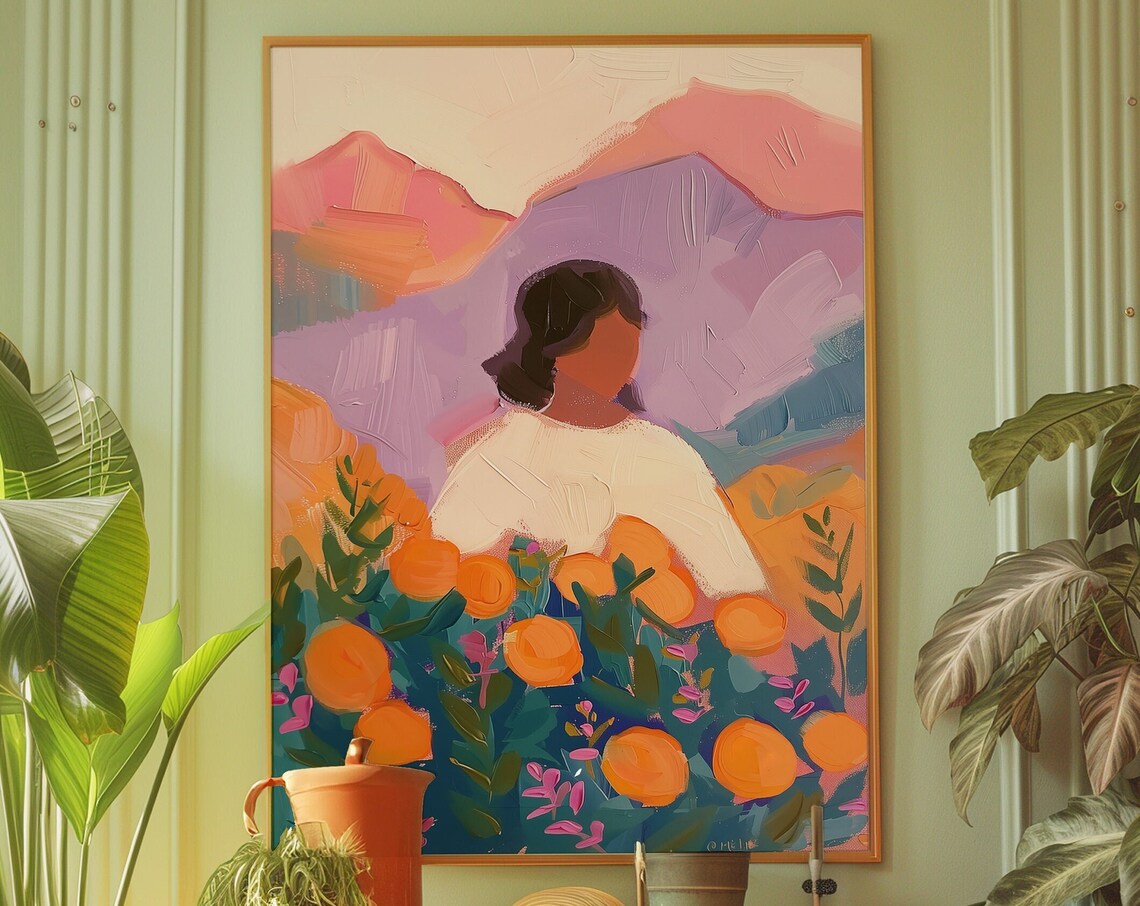 Woman In Orange Grove With Purple Mountain Landscape Art Print